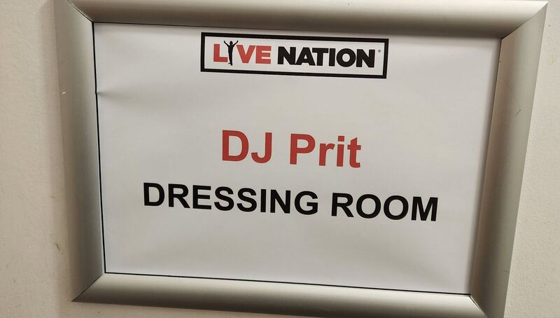 Live Nation dressing-room sign reading DJ Prit, Camden Assembly, 16 December 2022