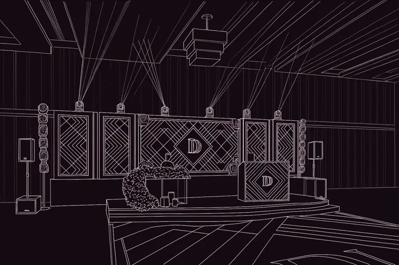Line drawing of the stage design: five LED panels with a diamond monogram, moving heads above, lighting towers either side